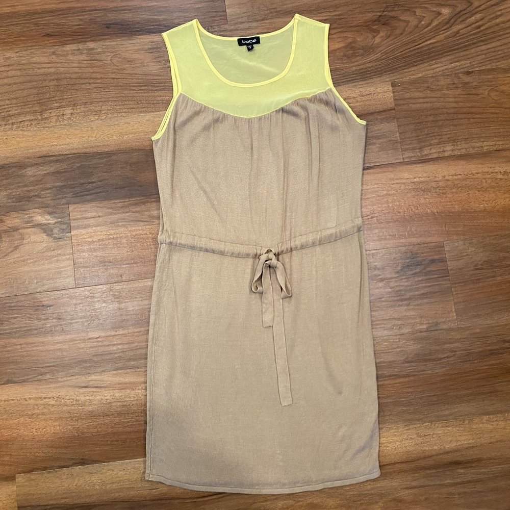 Bebe Tan and Yellow Dress w Tie Waist Size Medium - Picture 3 of 8